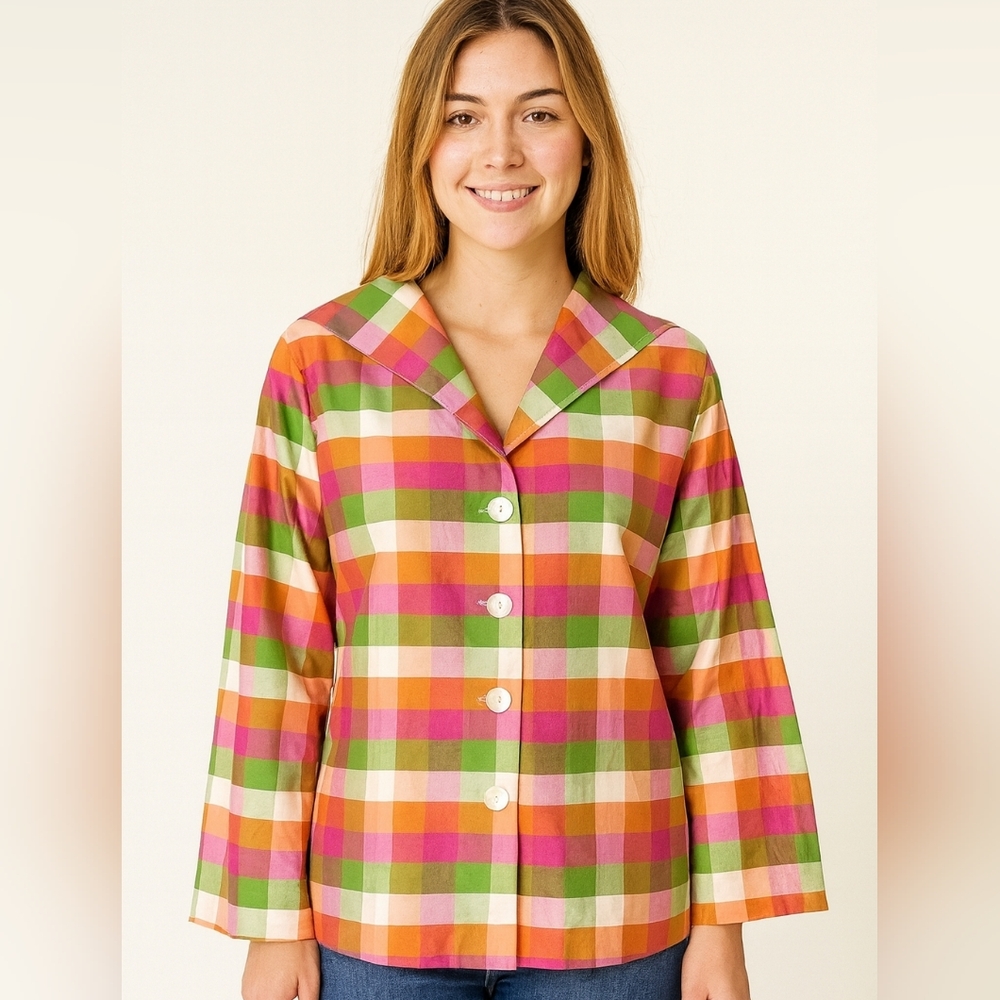 Indo-Chic 100%Silk Designer Luxury Check Print Top Womens Size Large